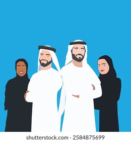 business, arab gulf, gulf man, arab women, women, arab men, happy, hand, uae, background, traditional, saudi, white, standing, cartoon, islam, arabia, muslim, clothing, arab, male, illustration