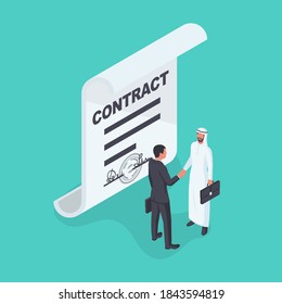 Business Arab partner. Contract European with an Arab. Two businessmen shake hands after signing contract. Agreement of people to work together. Vector illustration isometric 3d design. Deal agreement