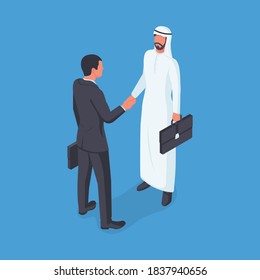 Business Arab partner. Handshake of a European with an Arab. Landing page business people deal. Political meeting. Isometric 3D design. Vector illustration. Deal agreement. Shake hand.