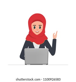 Business arab woman working with laptop. Communication background.