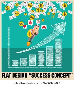 Business arabman with a rocket go to succes charting a positive trend graph. Vector illustration Eps10 file.Idea go to success concept