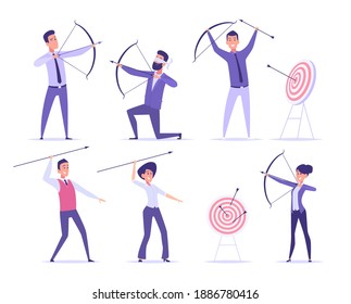 Business archer. Office manager shooting to goal target or aim professional with bow and arrows exact vector characters