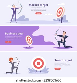 Business archers banners. People holding bows and arrows and shooting exact vector concept business print templates with place for text