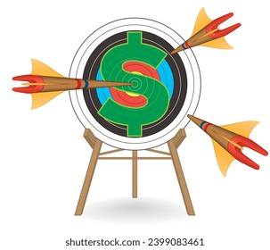 business archery target with arrows flying piercing dollar sign symbol, isolated on a white background
