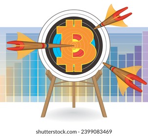 business archery target with arrows flying piercing bitcoin symbol, bar graph in the background