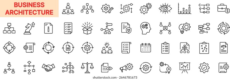 Business Architecture and Corporate Structure Icons – Featuring Chart, Gear, Document, Team, Puzzle, Organization, Vision, Strategy, and Network Elements Icon Design