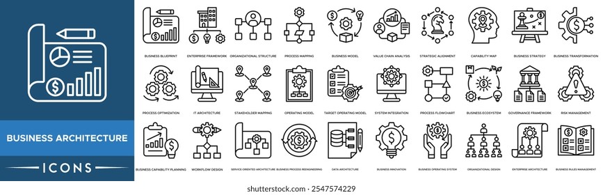 Ícone da arquitetura comercial. Plano de negócios, estrutura empresarial, estrutura organizacional, mapeamento de processos e modelo de negócios