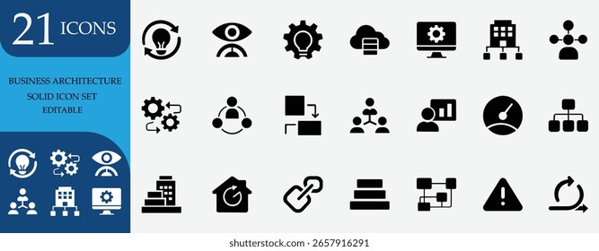 Business architecture icon set featuring strategy, marketing, management, structure, development, service, concept, and process visuals.
