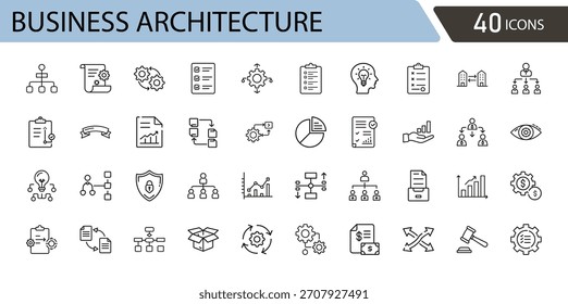 Business Architecture icon set. Includes icons for capability, framework, structure, workflow, strategy, blueprint, governance, planning, system, and process. Outline icons .