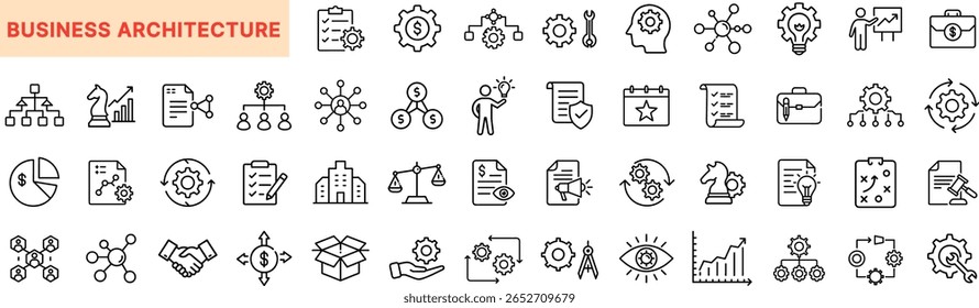 Business Architecture Line Icon Set Featuring Organizational Chart, Strategy Planning, Mindset, Calendar, Gears, Balance Scale, Puzzle, Growth Chart, Briefcase, Flow Diagram, Innovation, and KPI Icon 