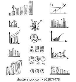 Business Arrow Bubble Set Sketch Vector Ink Doodle.  It Include Icons: Graph, Diagram, Sector, Growth, Fall, Approximation, Statistics. Vector Hand Drawing Illustration.