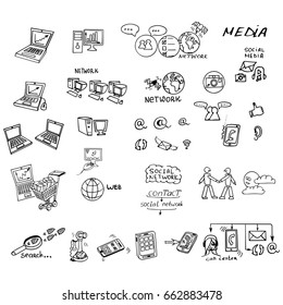 Business arrow bubble set sketch vector ink doodle.  It include icons: Computer, laptop, laptop, media, social network, contacts, web, communication, phone, mobile. Vector hand drawing illustration.