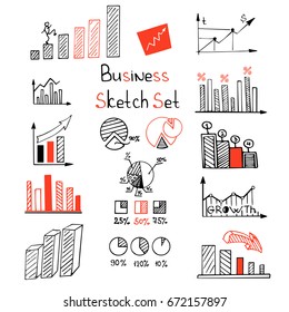 Business arrow bubble set sketch vector ink doodle.  It include icons: Graph, diagram, sector, growth, fall, approximation, statistics. Vector hand drawing illustration.