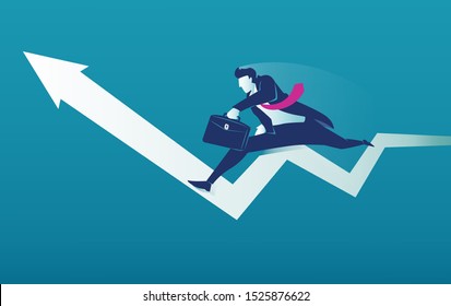 Business arrow concept with businessman on arrow jumping to success. grow chart up increase profit sales and investment. background vector