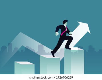 Business arrow concept with businessman on arrow flying to success. grow chart up increase profit sales and investment. background vector