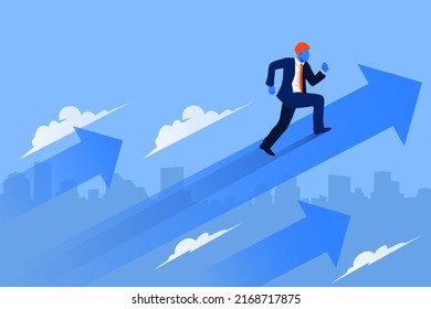 Business arrow concept with businessman on arrow flying to success. grow chart up increase profit sales and investment. background vector