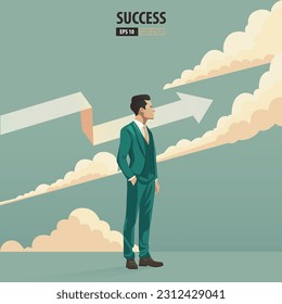 Business arrow concept with businessman with suit looking up into the sky and cloud. grow chart increase profit sales and investment. contemplating about being success and positive vector.