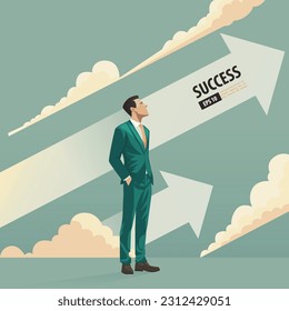 Business arrow concept with businessman with suit looking up into the sky and cloud. grow chart increase profit sales and investment. contemplating about being success and positive vector.