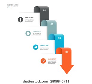 Business Arrow Down Infographic Template Background with Four Steps, Workflow Timeline, Process Diagram, Modern Vector Design