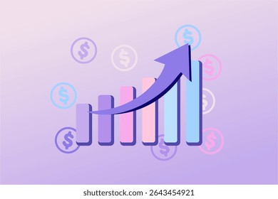 Business arrow growing on attractive color background, Profit red arrow, Vector illustration. Business concept, growing graph. Sales symbol icon concept with arrow moving up.