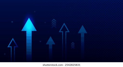 Seta de negócios acima da linha de crescimento no fundo azul escuro. Representa sucesso financeiro, investimento e estratégia de lucro em um estilo de alta tecnologia.