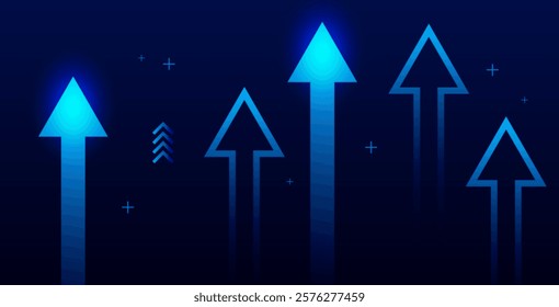 Business arrow up growth line on dark blue background. Represents financial success, investment, and profit strategy in a hi-tech style.