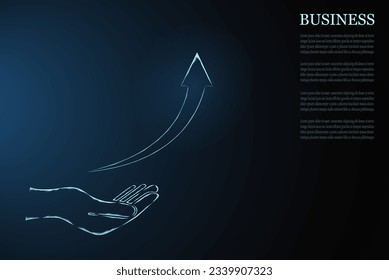 Flecha de negocio hacia arriba con un alambre de poli bajo. Aumenta el rendimiento en el gráfico de inversiones. en fondo azul oscuro. Visión de un crecimiento financiero sostenido. Ilustración vectorial fantástica digital.