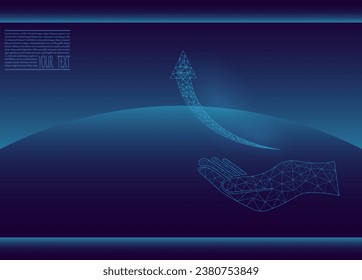 Business Pfeil nach oben Low-Poly-Wireframe auf einer Hand. Die Kapitalrendite steigt. Ziel auf blauem, dunklem Hintergrund. Vision für nachhaltiges Finanzwachstum. Vektorgrafik fantastisch digital.