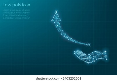 Business arrow up low poly wireframe  on a hand. Return on the investment chart increases. target on blue dark background. Vision for sustained financial growth. Vector illustration fantastic digital.