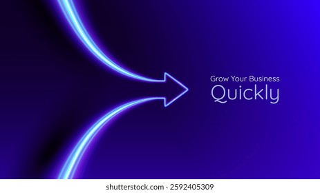 Business arrow to the right. Blue glowing arrow with lights trails. Futuristic 3D style. Personal growth, quick result. Innovation technology and finance. 