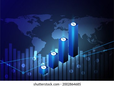 Flecha comercial y gráfico de barras en el fondo del mapa mundial. Gráfico de la tendencia mundial de la inversión en mercadeo ilustrativo vectorial. Concepto de tema azul