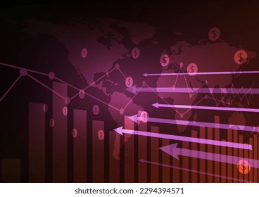 Business arrow and stick graph on world map background. Chart of global marketing investment trend vector illustration. Red theme concept.