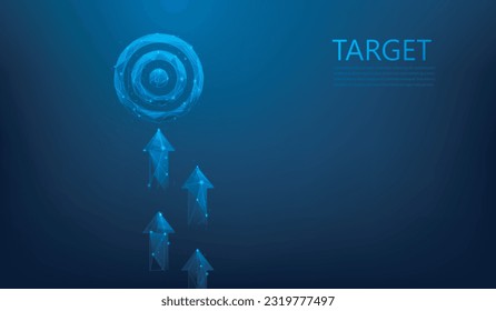 business arrow up to success goals and target objectives. arrow growth to dartboard low poly wirefram. vector illustration fantastic hi tech design.