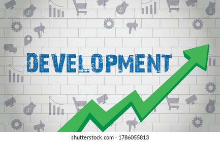 Desarrollo de concepto de dirección de destino de flecha de negocio, concepto de negocio dibujado en la pared blanca, crecer tu negocio, 3D.