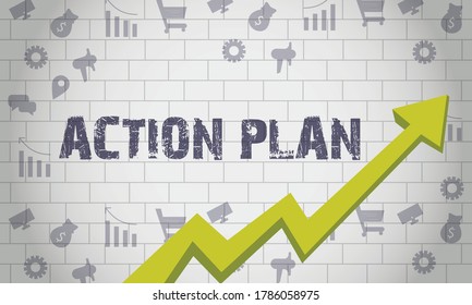 Business Arrow Target Direction Concept Action Plan, Business Concept  Drawn on White Wall Grow Your Business,3D.