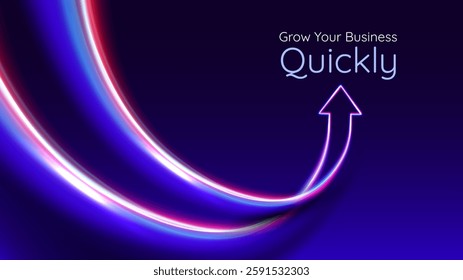 Business arrow up. Red blue glowing arrow with lights trails. Futuristic 3D style. Personal growth, quick result. Innovation technology and finance. 