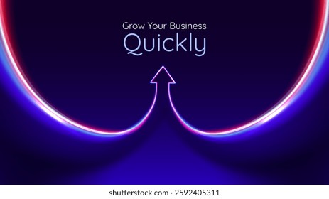 Business arrow up. Red blue glowing arrow with lights trails. Futuristic 3D style. Personal growth, quick result. Innovation technology and finance. 