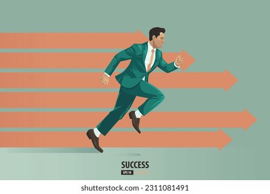 Business arrows concept with businessman with suit running to success. acceleration for gain a profit sales. background vector illustration