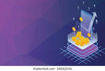 Business arrows concept with smartphone and dollar gold coin. growth chart up increase profit sales. background vector illustration