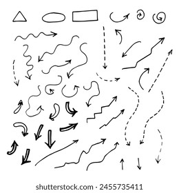 Business arrows doodles set. Vector illustration of black scribbles on white background. Arrows, diagrams on the topic of education and work.