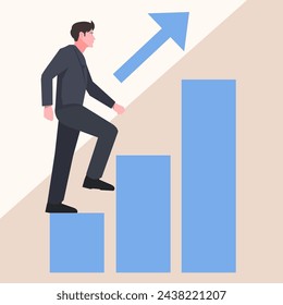 Business Pfeile und Leitern Konzept mit Geschäftsmann zum Erfolg. Wachsende Aufwärtsgrafik steigert Umsatz und Investitionsgewinne. Hintergrund Vektor