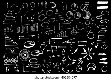 Business arrows and symbols collection. Different sketchy elements, diagrams. White on the black background.