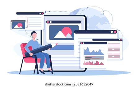 Business article online. Man with huge pencil near website page with. Copywriter and content creator. Press release of company or organization, online promotion. Flat vector illustration