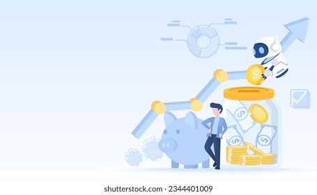 Business and artificial intelligence (AI) technology concept. Saving money, accumulate to start up business. Manage and collect money to achieve business successful. Flat vector design illustration.
