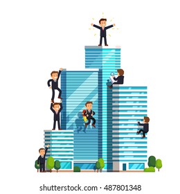 Business ascension competition in achieving success. Little businessman climbing high wall street skyscrapers to reach the top and win. Flat style vector illustration isolated on white background.