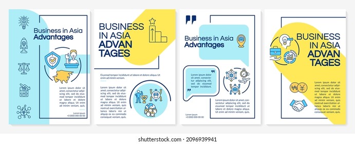 Business in Asia benefits blue and yellow brochure template. Booklet print design with linear icons. Vector layouts for presentation, annual reports, ads. Arial-Black, Myriad Pro-Regular fonts used