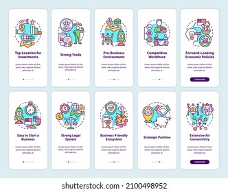 Business in Asia onboarding mobile app screen set. Economic policies walkthrough 5 steps graphic instructions pages with linear concepts. UI, UX, GUI template. Myriad Pro-Bold, Regular fonts used