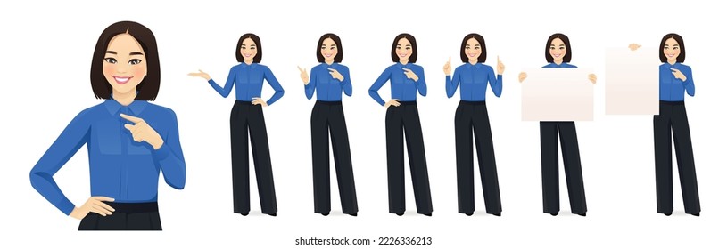 Business asian woman casual style clothes in different poses set. Various gestures - pointing, showing, holding empty blank board isolated vector illustration