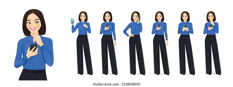 Mujer de negocios asiática con teléfono móvil, hablando, enviando mensajes de texto y mostrando ilustración vectorial aislada de pantalla vacía