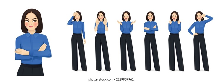 Business asian woman showing negative emotions with different gestures. Isolated vector illustration set.